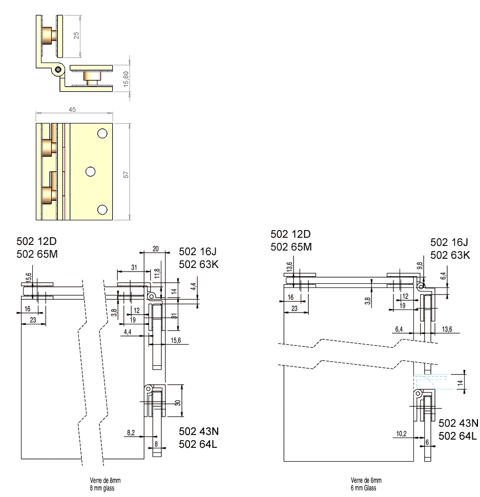Klemmbefestigung für Trennwände - 52 x 40 mm - Flache Eckhalterung - Zamak vergoldet