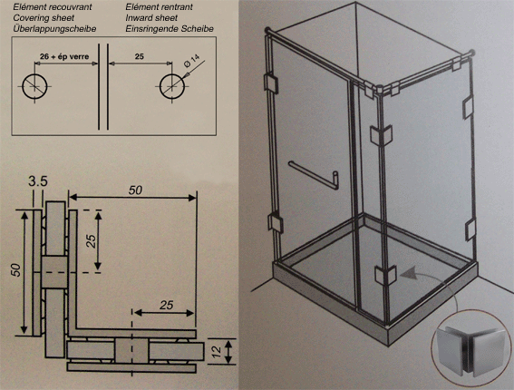 hinges for notched and drilled glass, chromed brass