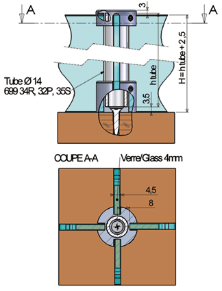 Ständer für Theken, aus verchromten Messing, T-förmiger Ständer, Höhe 10 cm