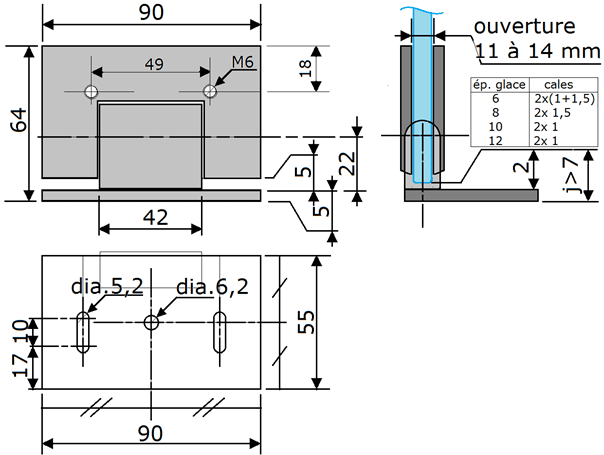 charnière à indexage venus mur/gl ép.6 x2 laiton blanc
